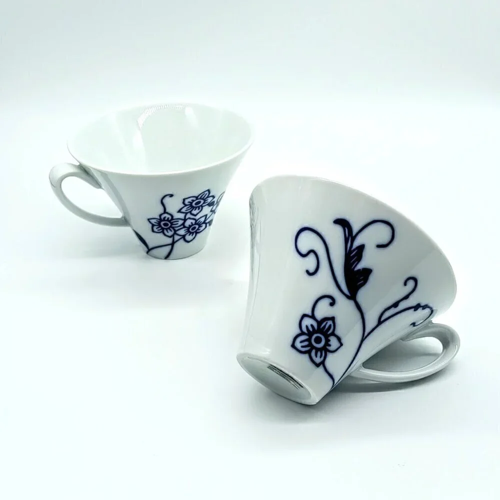 Crate & Barrel Camille Blue Floral White Porcelain Flat Cups (2)